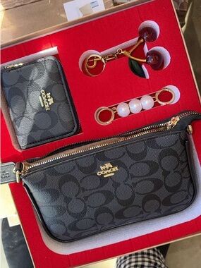 COACH Black Signature Canvas Pouch and Card Case Set with Gold Accents